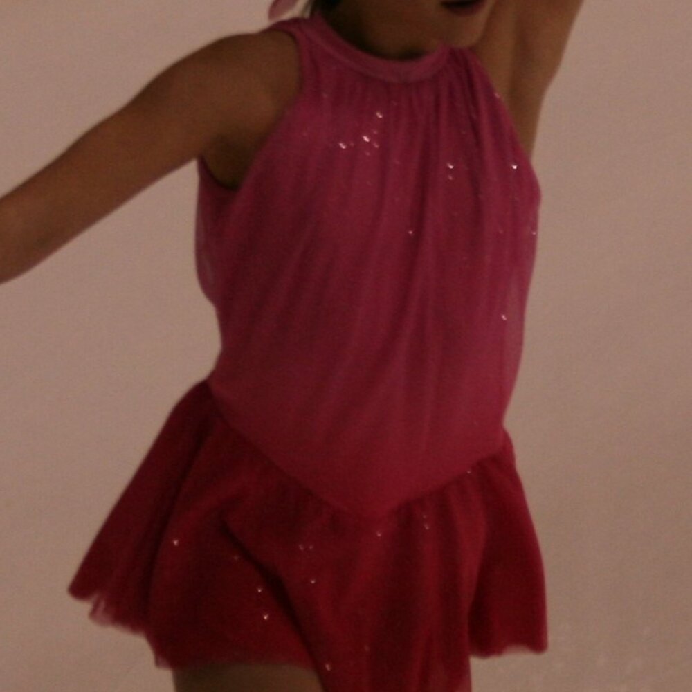 Sparkling Pink Figure Skating Dress with matching hair ribbon